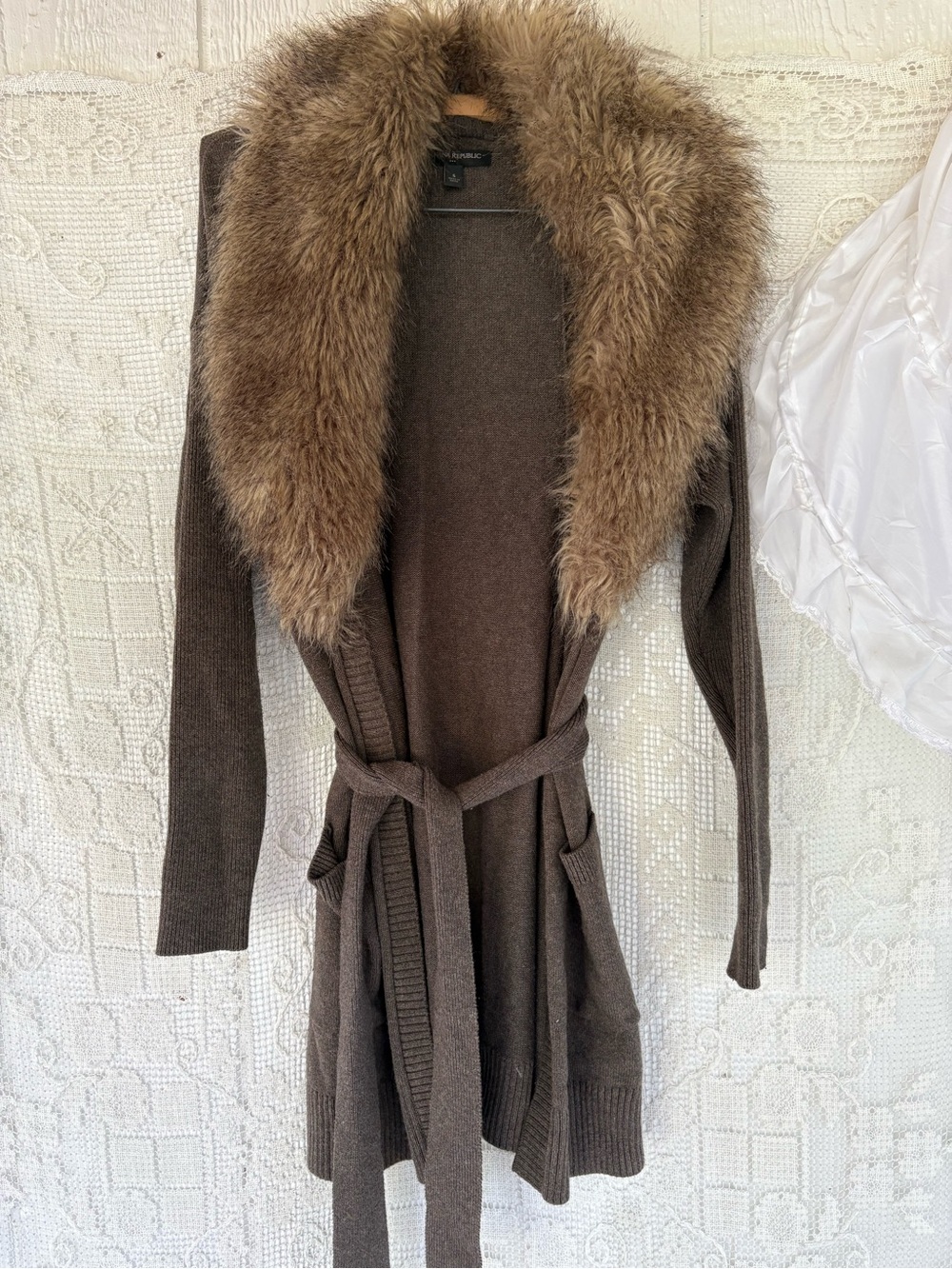 Banana Republic Brown Belted Faux-Fur Collar Cardigan